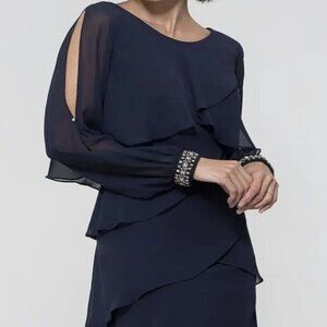NWT SLNY Fashions Women's Embellished Long-Sleeve Tiered Chiffon Dress - 14